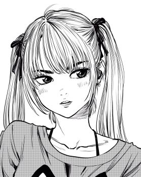  1girl bra_strap commentary_request earrings eyebrows_hidden_by_hair greyscale hair_ribbon highres jewelry lee_(dragon_garou) light_blush lips long_bangs monochrome original parted_lips portrait ribbon shirt sidelocks sideways_glance solo t-shirt twintails 