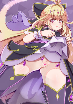  1girl :o antenna_hair black_bow black_capelet black_dress black_thighhighs blonde_hair blush bow braid capelet censored clothes_lift commentary_request cowboy_shot cure_arcana_shadow diamond_hairband dot_nose dress dress_lift earrings from_below gem gradient_hair hair_bow hair_intakes heart heart_censor highres jewelry koizumi_hitsuji layered_dress legs_apart lifting_own_clothes long_hair looking_at_viewer magical_girl meitantei_precure! moria_luluka multicolored_hair no_panties open_mouth pink_hair precure purple_background purple_eyes purple_gem purple_theme purple_veil pussy shiny_skin simple_background solo standing thighhighs veil 