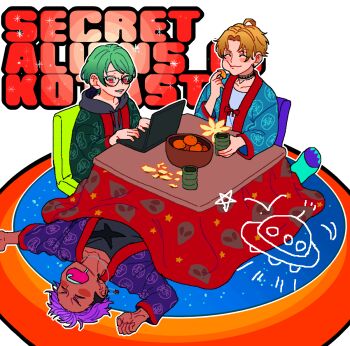  1girl 2boys :3 :d :o :t ^_^ ahoge alien_print black_hoodie blonde_hair blush_stickers bowl closed_eyes computer cup curtained_hair dark-skinned_male dark_skin doodle_inset drawstring earrings eating flying_saucer food fruit full_mouth green_hair grin group_name happi holding holding_cup hood hood_down hoodie hoop_earrings hypnosis_mic hypnosis_mic:_rhyme_anima iria59 iris_innocent_traiter japanese_clothes jewelry kotatsu laptop lying mandarin_orange multiple_boys neck_tattoo necklace on_back open_mouth orange_(fruit) orange_peel orange_slice outline outstretched_arms parted_bangs parted_hair pink_eyes purple_hair raised_eyebrows saliva secret_aliens shirt short_hair simple_background sitting sleeping smile spacecraft table taroumaru_rex tattoo teeth tom_whisper_weathercock under_kotatsu under_table undercut upper_teeth_only v-shaped_eyebrows very_short_hair white_background white_outline white_shirt yunomi zaisu 