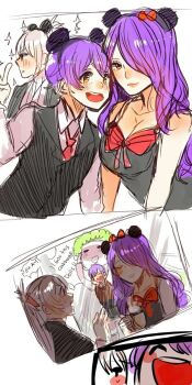  1girl 2boys alternate_costume bow breasts camilla_(fire_emblem) chignon cleavage closed_eyes father_and_son fire_emblem fire_emblem_fates grey_hair husband_and_wife kiragi_(fire_emblem) long_hair mickey_mouse_ears minnie_mouse_ears moencabbage mother_and_son multiple_boys nintendo orange_eyes photo_(object) purple_eyes purple_hair simple_background speech_bubble takumi_(fire_emblem) wavy_hair 