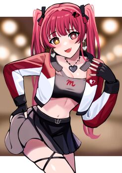  absurdres black_tube_top commentary_request crop_top earrings fingerless_gloves gloves heart heart_earrings heart_pendant heterochromia highres hololive houshou_marine iii_(hololive) jacket jerrytz jewelry long_hair multicolored_jacket red_eyes red_jacket silver_earrings skirt strapless tube_top twintails two-tone_jacket virtual_youtuber white_jacket yellow_eyes 