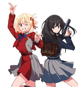  2girls black_hair blonde_hair blue_dress blue_ribbon brown_bag closed_mouth commentary double_finger_gun dress finger_gun gun hair_ribbon handgun highres himagosan holding holding_gun holding_weapon inoue_takina long_hair long_sleeves looking_at_viewer lycoris_recoil lycoris_uniform multiple_girls neck_ribbon nishikigi_chisato open_mouth pleated_dress purple_eyes red_dress red_eyes red_ribbon ribbon short_hair smile weapon white_background 