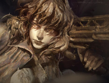  1girl 3d anti-materiel_rifle blender_(medium) closed_mouth coat commentary cyberpunk cyborg dark_background english_commentary entei_ryu faux_traditional_media floating_hair ghost_in_the_shell gun highres holding holding_gun holding_weapon kusanagi_motoko lips making-of_available medium_hair monochrome nose painterly rifle science_fiction sideways_glance signature sniper_rifle solo turning_head upper_body weapon weapon_request zbrush_(medium) 