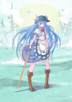 1girl back_bow black_hat blue_bow blue_hair blue_skirt boots bow brown_boots character_name cloud commentary_request food fruit hat highres hinanawi_tenshi holding holding_sword holding_weapon kaname-ishi long_hair peach red_bow red_eyes revision satyuas shirt short_sleeves skirt solo sword sword_of_hisou touhou very_long_hair weapon white_shirt 