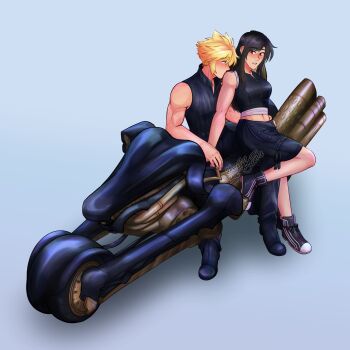  1boy 1girl baggy_pants bare_arms bare_shoulders black_hair black_pants black_shorts black_vest blonde_hair blue_eyes blush breasts cloud_strife commentary couple crop_top fenrir_(vehicle) final_fantasy final_fantasy_vii final_fantasy_vii:_advent_children full_body hand_on_another's_hip hetero highres long_hair looking_at_another medium_breasts midriff midriff_peek motor_vehicle motorcycle navel on_motorcycle pants parted_lips popped_collar red_eyes ribbed_shirt sheppykoi shirt short_hair shorts simple_background sitting sleeveless sleeveless_shirt spiked_hair standing standing_on_one_leg tank_top tifa_lockhart untranslatable_commentary vest white_tank_top zipper 