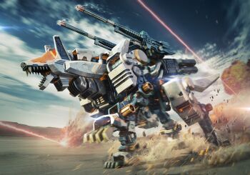  command_wolf dust explosion firing highres igarashi_kazuya laser mecha no_humans open_mouth robot shoulder_cannon solo walking zoids  rating:General score:5 user:danbooru