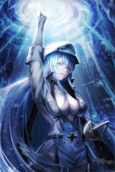  1girl akame_ga_kill! arm_up blue_eyes blue_hair breasts chest_tattoo choker cleavage double-parted_bangs esdeath floating_hair hair_between_eyes hand_up hashtag-only_commentary hat highres large_breasts light_smile long_hair long_sidelocks looking_at_viewer military military_hat military_uniform open_hand outstretched_arm outstretched_hand parted_lips peaked_cap rapier reaching sidelocks smile solo sow_graden429 sword tattoo twitter_username very_long_hair weapon 