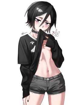  1girl black_choker black_hair black_nails black_shirt black_shorts bleach breasts choker clothes_in_mouth clothes_lift commentary denim denim_shorts hair_between_eyes highres kuchiki_rukia looking_at_viewer nail_polish navel purple_eyes shirt short_hair short_shorts shorts signature simple_background small_breasts solo stomach waligner white_background  rating:Sensitive score:27 user:danbooru
