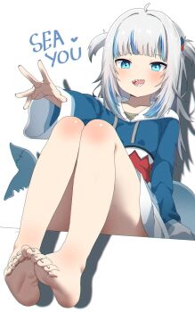 1girl bare_legs bare_shoulders barefoot blue_eyes blue_hair blue_hoodie blunt_bangs blush collarbone convenient_leg feet fins fish_tail full_body gawr_gura gawr_gura_(1st_costume) grey_hair hair_ornament highres hololive hololive_english hood hood_down hoodie legs legs_together lhofi long_sleeves looking_at_viewer multicolored_hair open_mouth shadow shark_hair_ornament shark_print shark_tail sharp_teeth simple_background sitting soles solo streaked_hair tail teeth toenails toes two_side_up virtual_youtuber white_background wide_sleeves rating:Sensitive score:29 user:danbooru