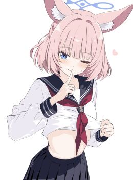  1girl animal_ear_fluff animal_ears black_skirt blue_archive blue_eyes blue_halo closed_mouth clothes_lift commentary_request finger_to_mouth fox_ears halo heart highres kamitosayu lifting_own_clothes long_sleeves looking_at_viewer neckerchief niko_(blue_archive) one_eye_closed pink_hair red_neckerchief shirt shirt_lift short_hair shushing skirt smile solo white_shirt 