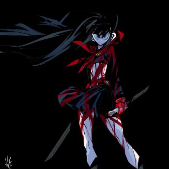  1girl absurdres black_background black_hair blood blood_on_clothes blue_eyes breasts cosplay hashtag-only_commentary highres honnoji_academy_school_uniform kill_la_kill kiryuuin_satsuki little_mojoi matoi_ryuuko matoi_ryuuko_(cosplay) revealing_clothes school_uniform senketsu sword thick_eyebrows trigger_(company) underboob weapon 