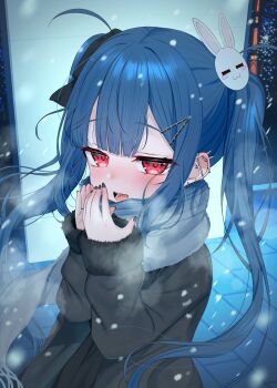  1girl black_coat black_nails black_ribbon blue_hair blush breath coat commentary ear_piercing fur_sleeves grey_scarf hair_ornament hair_ribbon hairclip hands_up highres kanae_(tsukiman) long_hair long_sleeves looking_at_viewer nail_polish open_mouth original outdoors piercing rabbit_hair_ornament red_eyes ribbon scarf sleeves_past_wrists snowing solo tsukiman twintails winter_clothes winter_coat 