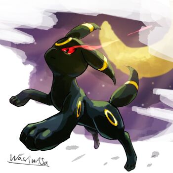  animal_focus applecandy_prpr black_eyes closed_mouth crescent gen_2_pokemon hashtag-only_commentary highres moon nintendo no_humans pokemon pokemon_(creature) red_eyes signature solo twitter_username umbreon 