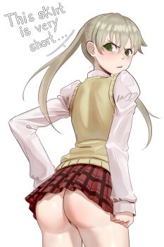  1girl absurdres annoyed ass blush commentary english_commentary english_text green_eyes grey_hair highres looking_back maka_albarn none1987 parted_lips plaid_clothes plaid_skirt red_skirt simple_background skirt solo soul_eater standing twintails v-shaped_eyebrows white_background 