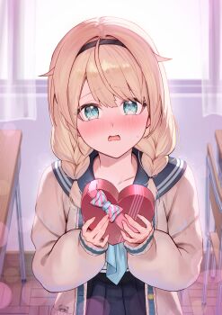  1girl absurdres aqua_eyes black_hairband blonde_hair blue_neckerchief blue_sailor_collar blue_skirt blush box braid cardigan commentary gift hair_flaps hairband hands_up heart-shaped_box highres holding holding_gift hololive indoors kazama_iroha kazama_iroha_(school_uniform) looking_at_viewer low_twin_braids neckerchief official_alternate_costume official_alternate_hair_length official_alternate_hairstyle open_mouth pleated_skirt sailor_collar school_uniform shirt skirt solo tsubasasekai twin_braids untranslatable_commentary valentine virtual_youtuber white_shirt 
