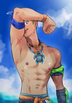  1boy abs absurdres arm_up armband armlet armpits asymmetrical_hair bare_shoulders belt_pouch biceps black_pants blonde_hair brown_eyes clothes_around_waist cloud collarbone commentary_request drawstring earrings elbow_gloves flip-flops gloves highres jewelry large_pectorals licking_own_arm male_focus male_swimwear merman_momomo multiple_necklaces muscular muscular_male necklace nipples official_alternate_costume overwatch pants pectoral_cleavage pectorals pendant pouch sandals sidecut single_glove sky solo swimsuit tan tanline tongue tongue_out topless_male turtle undercut upper_body wristband wuyang_(overwatch) wuyang_(poolside)_(overwatch) 