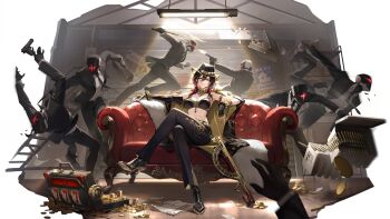  1girl 6+others ammunition ammunition_belt armlet armpits belt bra bracelet breasts brown_hair bullet choker cleavage coat coat_partially_removed coin couch cowboy_hat crossed_legs detached_sleeves fingerless_gloves formal_clothes gloves gold gun hair_over_shoulder hat high_heels jacket jewelry ming_(all_or_nothing)_(strinova) ming_(strinova) multicolored_hair multiple_others nail_polish necklace necktie official_art pants red_eyes red_hair rifle sitting strinova suit suit_jacket transparent_background underwear weapon 