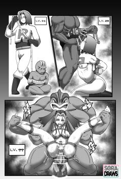 1boy anal bdsm bisexual_male bondage bound breasts corruption feminization gen_1_pokemon highres james_(pokemon) level_up m_legs machamp medium_breasts monochrome nintendo pokemon pokemon_(creature) rope shibari smelling soradraws spread_legs