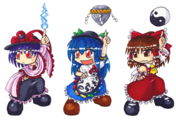  3girls ascot blue_hair bow brown_hair capelet detached_sleeves electricity food frilled_bow frilled_capelet frilled_hair_tubes frilled_shawl frills fruit fruit_hat_ornament hair_tubes hakurei_reimu hand_on_own_hip hat hat_bow hat_ornament hat_ribbon hinanawi_tenshi index_finger_raised kaname-ishi leaf_hat_ornament long_skirt looking_to_the_side mail_(mail_gell) multiple_girls nagae_iku nontraditional_miko orb outstretched_arm peach peach_hat_ornament pointing pointing_up purple_hair rainbow_order red_bow red_eyes red_skirt ribbon ribbon-trimmed_sleeves ribbon_trim saturday_night_fever shawl skirt smile touhou yellow_ascot yin_yang yin_yang_orb 