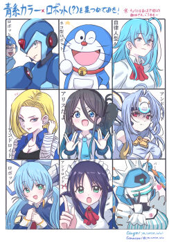  2boys 6+girls ahoge andou_mahoro android_18 apron aqua_eyes aqua_hair aqua_necktie aris_(blue_archive) arm_cannon armor ascot bell black_hair black_hairband blonde_hair blue_archive blue_armor blue_eyes blue_helmet blue_ribbon breasts cleavage closed_mouth collar collared_shirt color_connection doraemon doraemon_(character) dragon_ball dragonball_z fei-yen forehead_jewel giorgio_(yo_sumire_sola1) green_eyes hair_between_eyes hair_ribbon hairband headgear heart helmet highres hoshino_yumemi jacket japanese_text jingle_bell kos-mos kos-mos_ver._4 long_hair long_sleeves looking_at_viewer mahoromatic maid maid_apron maid_headdress mega_man_(character) mega_man_(classic) mega_man_(series) mega_man_x_(series) multiple_boys multiple_girls neck_bell necktie one_eye_closed open_mouth planetarian red_ascot red_collar red_eyes red_necktie red_nose ribbon robot robot_ears salute shirt short_hair smile trait_connection translation_request v virtual_on vivy vivy:_fluorite_eye's_song vulcan_salute weapon whiskers white_apron white_shirt x_(mega_man) xenosaga xenosaga_episode_iii 