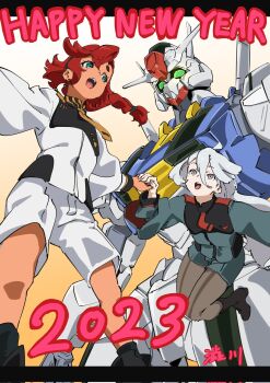  1other 2023 2girls ahoge asticassia_school_uniform black_boots black_hairband blue_eyes boots commentary_request from_below gold_trim gradient_background green_jacket green_shorts grey_eyes grey_hair grey_pantyhose gundam gundam_aerial gundam_suisei_no_majo hair_between_eyes hair_bun hairband happy_new_year highres holding_hands jacket long_hair mecha miorine_rembran multi-tied_hair multiple_girls necktie new_year open_mouth pale_skin pantyhose red_hair robot school_uniform shibukawa_daisuke shorts single_side_bun smile suletta_mercury tan thick_eyebrows white_jacket white_shorts 