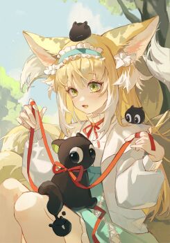 1girl animal_ears arknights black_cat blonde_hair blue_hairband blue_skirt cardigan cat chinese_commentary colored_tips commentary_request fox_ears fox_girl fox_tail frilled_hairband frills green_eyes hairband heixiu high-waist_skirt highres holding holding_ribbon long_hair long_sleeves luo_xiaohei luo_xiaohei_(cat) luo_xiaohei_zhanji multicolored_hair neck_ribbon official_alternate_costume open_cardigan open_clothes open_mouth red_ribbon ribbon shieryue164 shirt skirt suzuran_(arknights) suzuran_(spring_praise)_(arknights) tail two-tone_hair white_cardigan white_hair white_shirt 