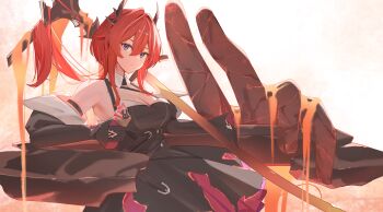  1girl absurdres arknights arknights:_endfield bare_shoulders black_dress black_gloves black_horns breasts cleavage closed_mouth commentary detached_collar detached_sleeves dress english_commentary fire flaming_sword flaming_weapon giant_hand gloves hair_between_eyes hair_lift halter_dress halterneck hand_on_blade head_tilt highres horns kisaragirin0719 laevatain_(arknights) large_breasts lava long_hair long_sleeves looking_at_viewer purple_eyes red_hair slit_pupils solo surtr_(arknights) sword torn_clothes torn_dress very_long_hair weapon white_background 