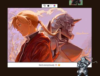  2boys alphonse_elric armor artist_name blonde_hair brothers closed_mouth commentary edward_elric english_commentary from_side full_armor fullmetal_alchemist hair_tie heart male_focus medium_hair multiple_boys pixel_art_inset ponytail sabertoon_artt siblings smile strawpage_(medium) 