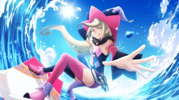  1girl artist_request asymmetrical_legwear asymmetrical_sleeves black_sleeves blonde_hair blue_sky book cloud commentary day detached_sleeves english_commentary full_body game_cg green_eyes hat highres long_hair looking_at_viewer magilou_(tales) mismatched_legwear mismatched_sleeves multicolored_hat multicolored_sleeves official_art outdoors pink_sleeves pink_thighhighs pointy_ears sky smile solo sun surfboard surfing tales_of_(series) tales_of_berseria tales_of_crestoria thighhighs third-party_source uneven_sleeves very_long_hair waves witch_hat 