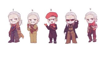  5boys ammunition_belt beret boots brown_coat brown_gloves brown_hair brown_jacket brown_pants chibi coat commentary_request cowboy_boots facial_hair gloves goatee grey_hair gun hat jacket long_hair male_focus metal_gear_(series) metal_gear_solid metal_gear_solid_2:_sons_of_liberty metal_gear_solid_3:_snake_eater metal_gear_solid_4:_guns_of_the_patriots metal_gear_solid_v:_the_phantom_pain multiple-barrel_gun multiple_boys mustache mutsuki_(mutuki05) orange_gloves pants red_hat red_scarf revolver_ocelot scarf spurs sunglasses weapon 