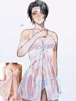  1girl babydoll black_hair blue_eyes breasts cleavage code3755 commentary_request cowboy_shot flying_sweatdrops genderswap genderswap_(mtf) highres jujutsu_kaisen lingerie okkotsu_yuuta panties photo_inset short_hair small_breasts solo stitched_forehead underwear watermark white_babydoll white_panties 