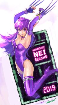  1girl 2019 armpits arms_up artist_name birthday boots bracelet breasts character_name claw_(weapon) cleavage closed_mouth commentary_request elbow_gloves foot_out_of_frame gloves happy_birthday high_heel_boots high_heels highres jewelry leotard long_hair medium_breasts naratani nei phantasy_star phantasy_star_ii pink_eyes pointy_ears purple_boots purple_gloves purple_hair purple_leotard signature smile solo strapless strapless_leotard thigh_boots weapon 