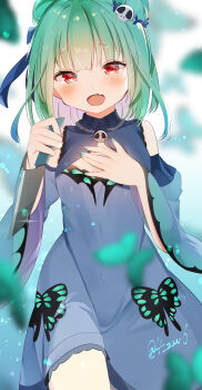 1girl artist_name bare_shoulders breasts bug butterfly commentary_request detached_sleeves double_bun dress fang green_nails grey_hair hair_bun hair_ornament hand_on_own_chest highres holding holding_knife hololive insect knife light_blush long_sleeves looking_at_viewer medium_hair nail_polish open_mouth red_eyes shizumu_(4_zu6) skin_fang skull_hair_ornament small_breasts solo uruha_rushia uruha_rushia_(1st_costume) virtual_youtuber 