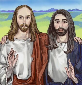  2boys asmongold beard black_eyes blue_sky brown_hair commentary cosplay cr1tikal day english_commentary facial_hair highres jesus jesus_(cosplay) long_hair looking_at_viewer male_focus mossacannibalis multiple_boys outdoors real_life sky the_bible 