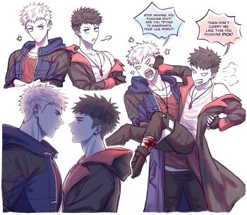  2boys bandaged_leg bandages black_hair blood bloody_bandages blue_eyes commentary dante_(dmc:_devil_may_cry) devil_may_cry devil_may_cry_(series) devil_may_cry_5 dmc:_devil_may_cry english_commentary english_text fingerless_gloves gloves highres injury jacket jewelry male_focus multiple_boys necklace nero_(devil_may_cry) pichuuuchan short_hair time_paradox uncle_and_nephew undercut white_hair 