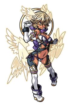  1girl blonde_hair breasts cameltoe cleavage closed_mouth dark-skinned_female dark_skin elbow_gloves feathered_wings gloves gold_trim hair_between_eyes harakawa_mitsuhiro head_wings light_smile lilith_(shinrabanshou) multiple_wings official_art panties pointy_ears revealing_clothes shinrabanshou shoes short_hair side-tie_panties solo thighhighs third-party_source transparent_background underwear white_gloves white_shoes white_thighhighs wings yellow_eyes 