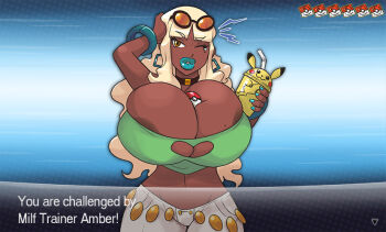  1girl amber_(carmessi) breasts carmessi character_name cleavage_cutout clothing_cutout curvy dark-skinned_female dark_skin earrings english_text fake_screenshot fingernails gen_1_pokemon heart_cutout hoop_earrings huge_breasts jewelry large_areolae lipstick long_hair lowleg lowleg_pants makeup mature_female navel nintendo no_bra one_eye_closed orange_eyes pants parted_lips pikachu plump pokemon pokemon_xy revealing_clothes shiny_skin simple_background smile solo source_request standing sunglasses_on_head thick_thighs thighs very_long_hair wide_hips wink  rating:Sensitive score:24 user:fakyuh