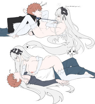 1girl 2boys absurdres angry animal areola_slip assertive_female barefoot black_bow black_jacket blue_jacket bow breasts chain chain_leash clenched_teeth clothed_male_nude_female clothes_lift commentary dog emiya_shirou eye_contact fate/stay_night fate/strange_fake fate_(series) femdom fencing francesca_prelati_(fate) francois_prelati_(fate) full_body girl_on_top gloves highres holding holding_animal holding_dog jacket large_breasts leash long_hair long_sleeves looking_at_another looking_down multiple_boys naughty_face nude open_clothes open_jacket orange_hair raglan_sleeves seductive_smile self-upload shirt shirt_lift shokobr simple_background smile teeth thighhighs thighs unfinished very_long_hair white_background white_gloves white_jacket white_thighhighs