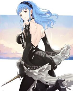  1girl alternate_costume ass backless_dress backless_outfit bare_back black_boots black_dress black_gloves black_hairband blue_hair boots breasts brown_eyes choker closed_mouth commentary cosplay dagger dress earrings eir_(fire_emblem) eir_(fire_emblem)_(cosplay) english_commentary fire_emblem fire_emblem:_three_houses fire_emblem_heroes fire_emblem_warriors:_three_hopes from_behind gloves hairband high_heels highres holding holding_dagger holding_knife holding_weapon jewelry knife large_breasts leg_up long_hair long_sleeves looking_back marianne_von_edmund nintendo official_alternate_hairstyle outdoors second-party_source skindentation smile solo sunset thigh_boots truejekart walking weapon 