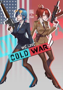  2girls absurdres akmsu artist_name assault_rifle aviator_sunglasses blue_eyes blue_hair breasts central_intelligence_agency cigarette cold_war commentary english_commentary gun hair_bun high_heels highres kalashnikov_rifle kgb large_breasts looking_at_viewer m16 m16a1 military_dress_uniform military_uniform multiple_girls naomi_bluebird pantyhose ponytail puto_trash red_eyes red_hair rifle smile smoking soviet soviet_flag sunglasses united_states valerie_konstanz we_love_cold_war weapon 