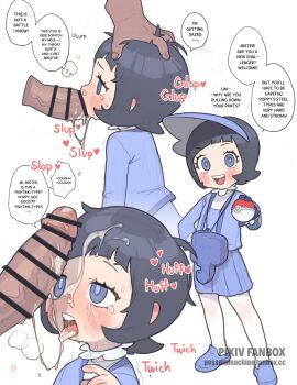  1boy 1girl absurdres after_fellatio age_difference arched_bangs bar_censor black_hair blue_eyes blue_footwear blue_gloves blue_shirt blue_skirt blunt_bangs blush censored commentary confused cum cum_in_mouth cum_on_body cum_on_tongue cum_overflow cum_string dark-skinned_male dark_skin ejaculation english_commentary english_text erection facial fellatio forced gloves hand_on_another's_head head_grab heart hetero highres irrumatio loli long_sleeves multiple_views nintendo nose_blush older_male_and_younger_female open_mouth oral paid_reward_available penis pleated_skirt poke_ball pokemon pokemon_sv poppy_(pokemon) possummachine rape shirt short_hair simple_background size_difference skirt smile sound_effects speech_bubble tearing_up teeth tongue tongue_out upper_teeth_only veins veiny_penis white_background  rating:Explicit score:1631 user:danbooru