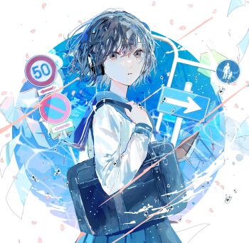  1girl absurdres bag black_hair blue_sailor_collar blue_skirt brown_eyes commentary_request from_side hagimorijia hand_up highres holding_strap long_sleeves looking_at_viewer original parted_lips petals pleated_skirt road_sign sailor_collar school_bag school_uniform serafuku shirt short_hair sign skirt solo standing water_drop white_shirt 