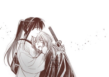  1boy 1girl arm_around_shoulder blood blood_from_mouth closed_eyes cross_scar facial_scar hair_between_eyes hand_on_another's_cheek hand_on_another's_face highres himura_kenshin holding holding_sword holding_weapon japanese_clothes kamiya_kaoru katana low_ponytail oyu_kuda_sai parted_lips ponytail rurouni_kenshin scar scar_on_cheek scar_on_face sepia sidelocks sword tears upper_body weapon white_background 