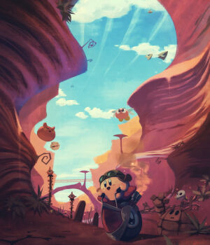  arch aviator_cap blue_eyes blue_sky blush_stickers bridge bronto_burt canyon character_request cloud commentary_request desert gabon_(gabooo_n) goggles goggles_on_head goggles_on_headwear golem_(kirby) hat helmet highres kirby kirby_(series) mumbies_(kirby) nintendo no_humans open_mouth outdoors plant revision riding scarfy sky smile soarar suyasuyabi ufo_(kirby) wheelie_(kirby)  rating:General score:5 user:HomeStruck