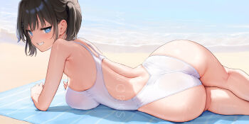 1girl artist_name ass back bare_arms bare_shoulders beach beach_towel black_hair blue_eyes day highleg highleg_one-piece_swimsuit highres looking_at_viewer lying mignon non-web_source on_side one-piece_swimsuit original nanami_(mignon) outdoors parted_lips shadow shiny_skin shore short_twintails simple_background smile swimsuit thighs towel twintails water water_drop wet white_swimsuit rating:Sensitive score:141 user:danbooru
