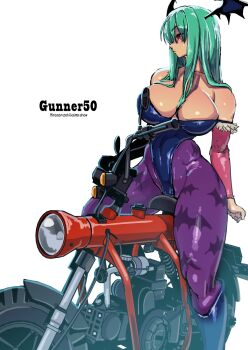  bare_shoulders breasts bridal_gauntlets cameltoe cleavage fur_trim green_hair head_wings highres huge_breasts leotard morrigan_aensland motor_vehicle motorbike motorcycle pantyhose riding sashizume_soutarou darkstalkers wings  rating:Questionable score:37 user:Grumo2frui