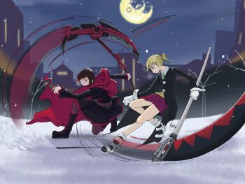  2girls absurdres artist_name bare_tree black_boots black_dress black_hair black_jacket blonde_hair boots brown_pantyhose building cape closed_mouth collared_shirt commentary crescent_rose crossover death_battle dress fighting full_body gloves gradient_hair green_eyes grey_eyes highres holding holding_scythe holding_weapon jacket long_sleeves maka_albarn moon motion_blur multicolored_hair multiple_girls necktie pantyhose red_cape red_hair red_skirt ruby_rose rwby scythe shirt short_hair skirt sky smile snow snowing soul_eater trait_connection tree v-shaped_eyebrows weapon white_gloves yopa-art 