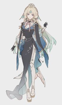  1girl absurdres black_gloves blonde_hair bracelet chain collared_shirt cutoffs double-parted_bangs dress_suit ellygretta expressionless fins forehead_jewel full_body gloves gradient_hair hair_ornament hand_up head_fins headpiece highres honkai:_star_rail honkai_(series) jewelry joints long_hair long_sleeves multicolored_hair official_alternate_costume pearl_(honkai:_star_rail) pearl_bracelet purple_eyes robot_girl robot_joints shirt simple_background very_long_hair x_hair_ornament 