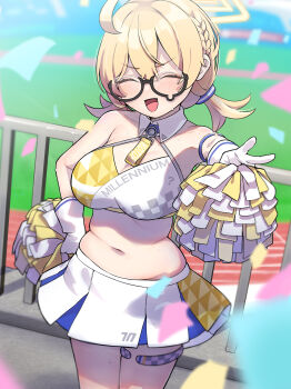  1girl blonde_hair blue_archive cheerleader closed_eyes glasses kotori_(blue_archive) kotori_(cheer_squad)_(blue_archive) miniskirt musasi1218 pom_pom_(cheerleading) skirt solo sports_bra standing 