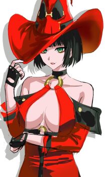 1girl arc_system_works black_hair breasts collarbone fingerless_gloves gloves green_eyes guilty_gear hat i-no large_breasts mole mole_above_mouth solo underboob witch_hat